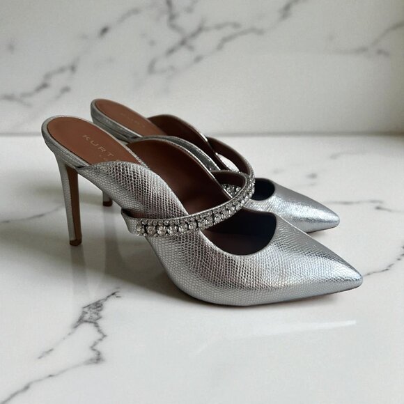 KURT GEIGER Silver Leather Rhinestone Mules Heels Size 10 / 40 - Picture 1 of 8